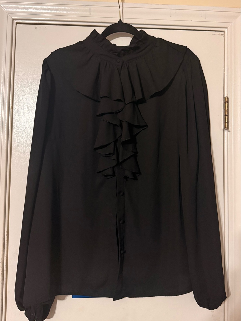 Black Ruffle Front Long-Sleeve Blouse - Women